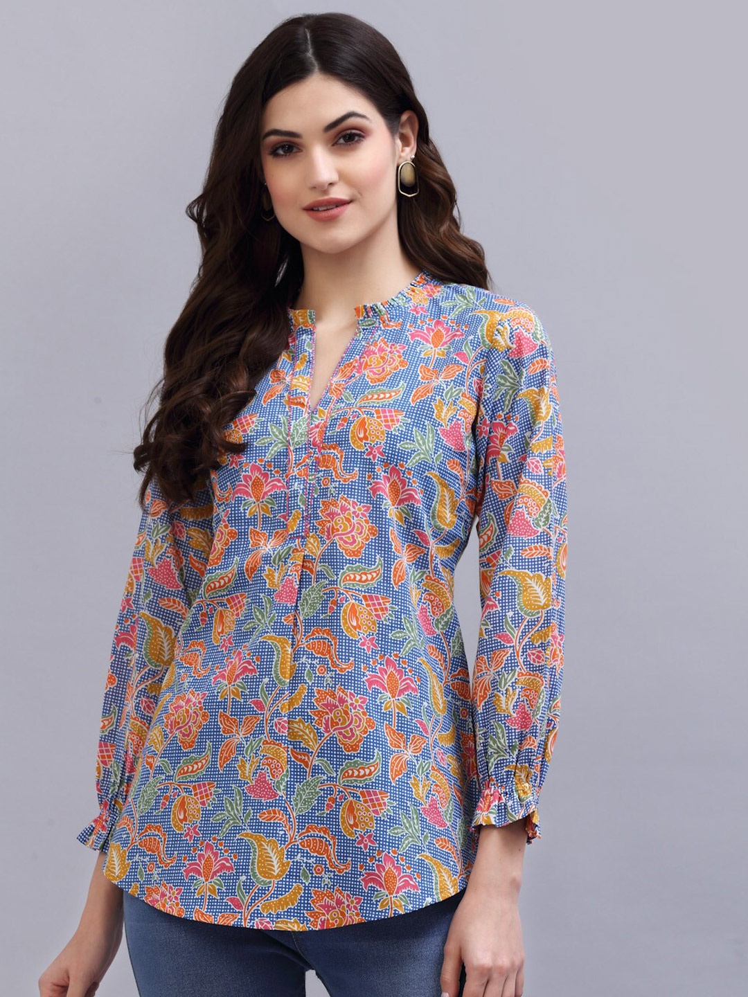 

QOMN Women Blue & Orange Floral Printed Pure Cotton Top