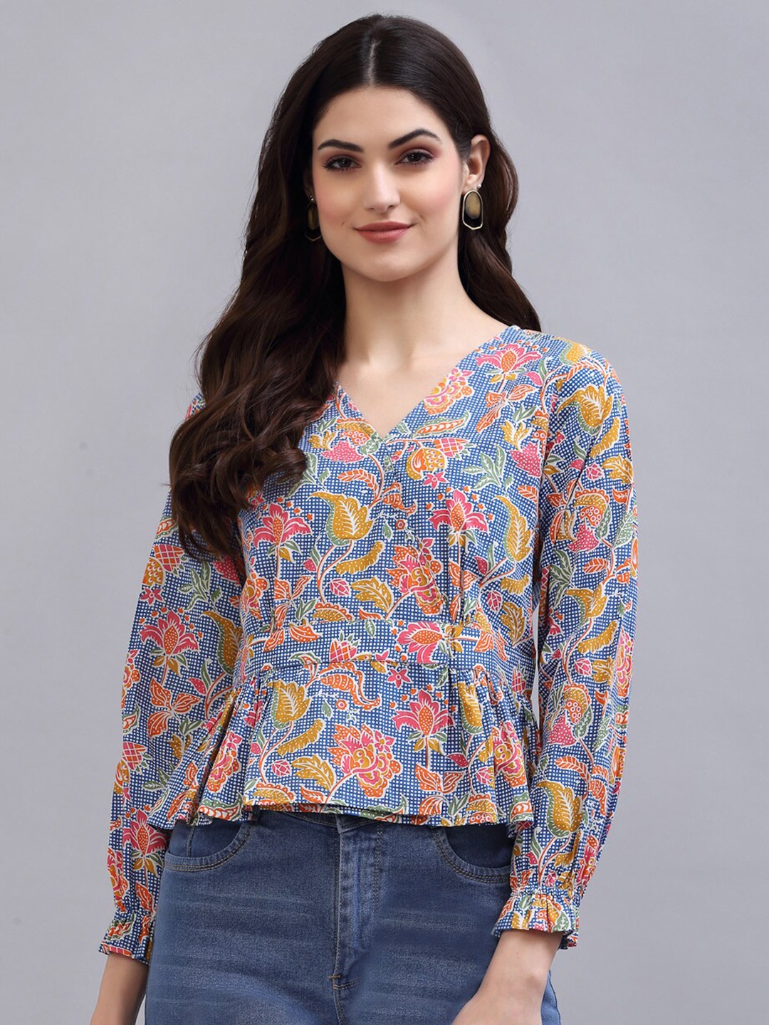 

QOMN Women Blue Printed Peplum Top