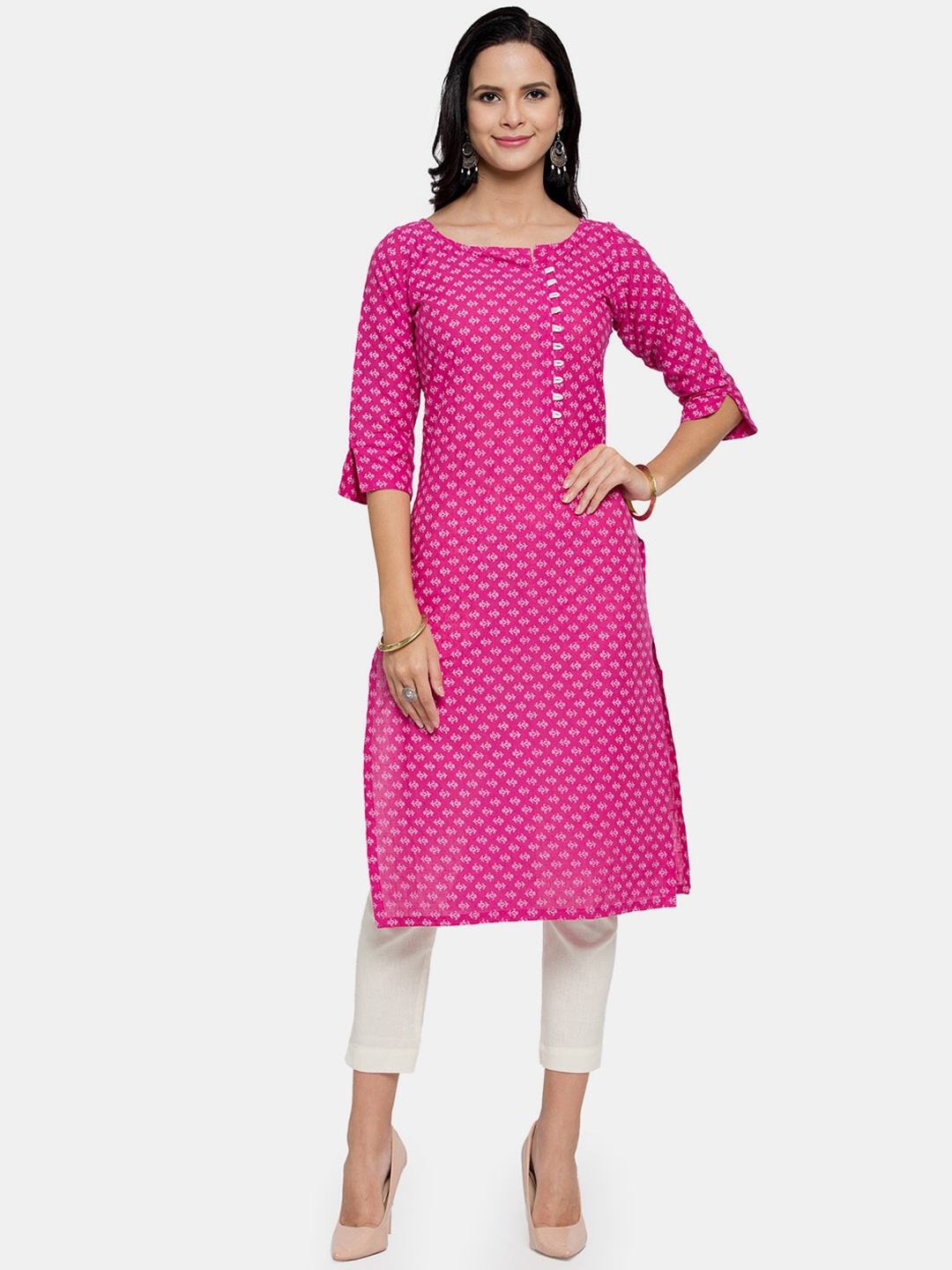 

Aarsha Women Pink Geometric Striped Thread Work Kurta