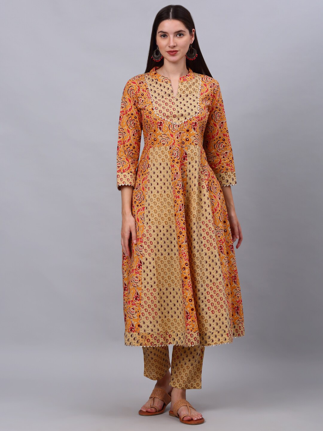 

KALINI Women Beige Printed Pure Cotton Kurta with Trousers