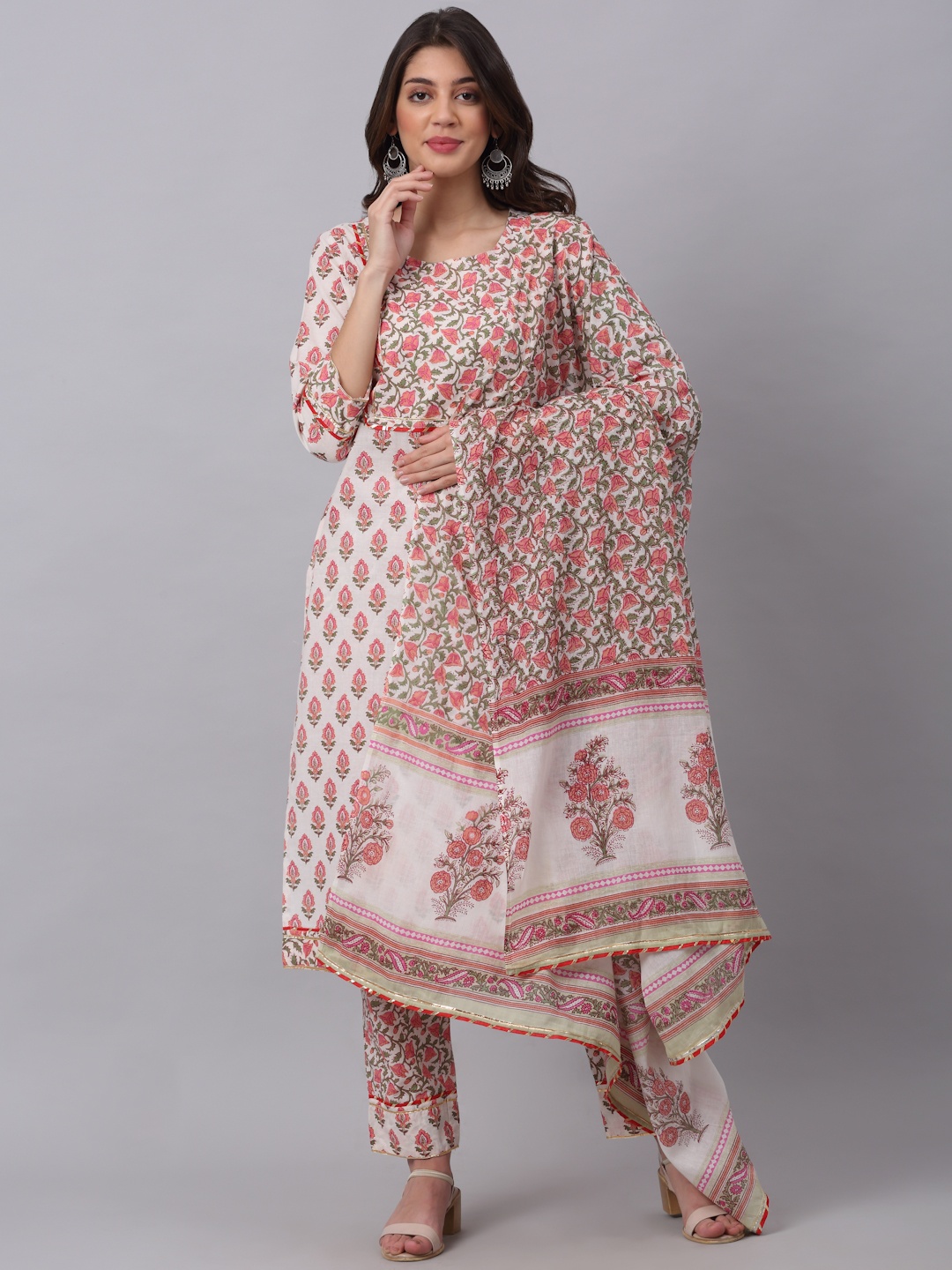 

KALINI Women Pink Floral Printed Empire Pure Cotton Kurta with Trousers & With Dupatta