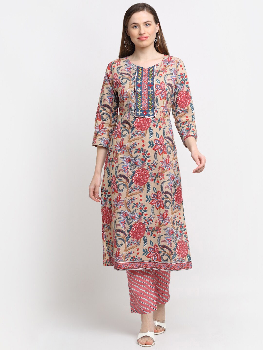 

KALINI Women Beige Floral Printed Pleated Thread Work Pure Cotton Kurti with Trousers & With Dupatta