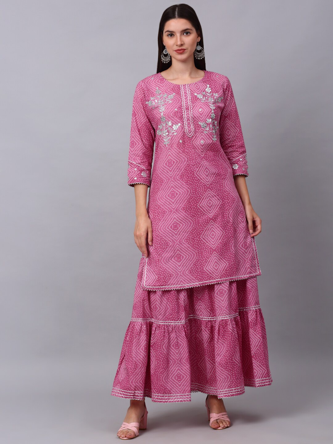 

KALINI Women Fuchsia Printed Gotta Patti Pure Cotton Kurta with Sharara
