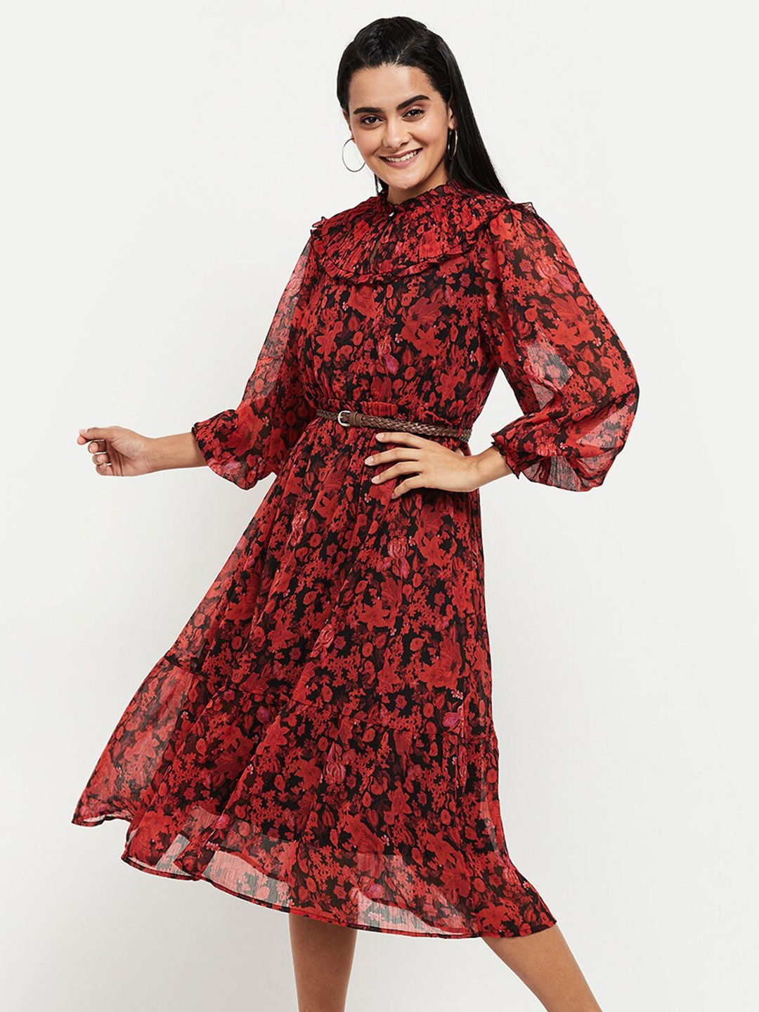

max Women Red & Black Floral Midi Dress