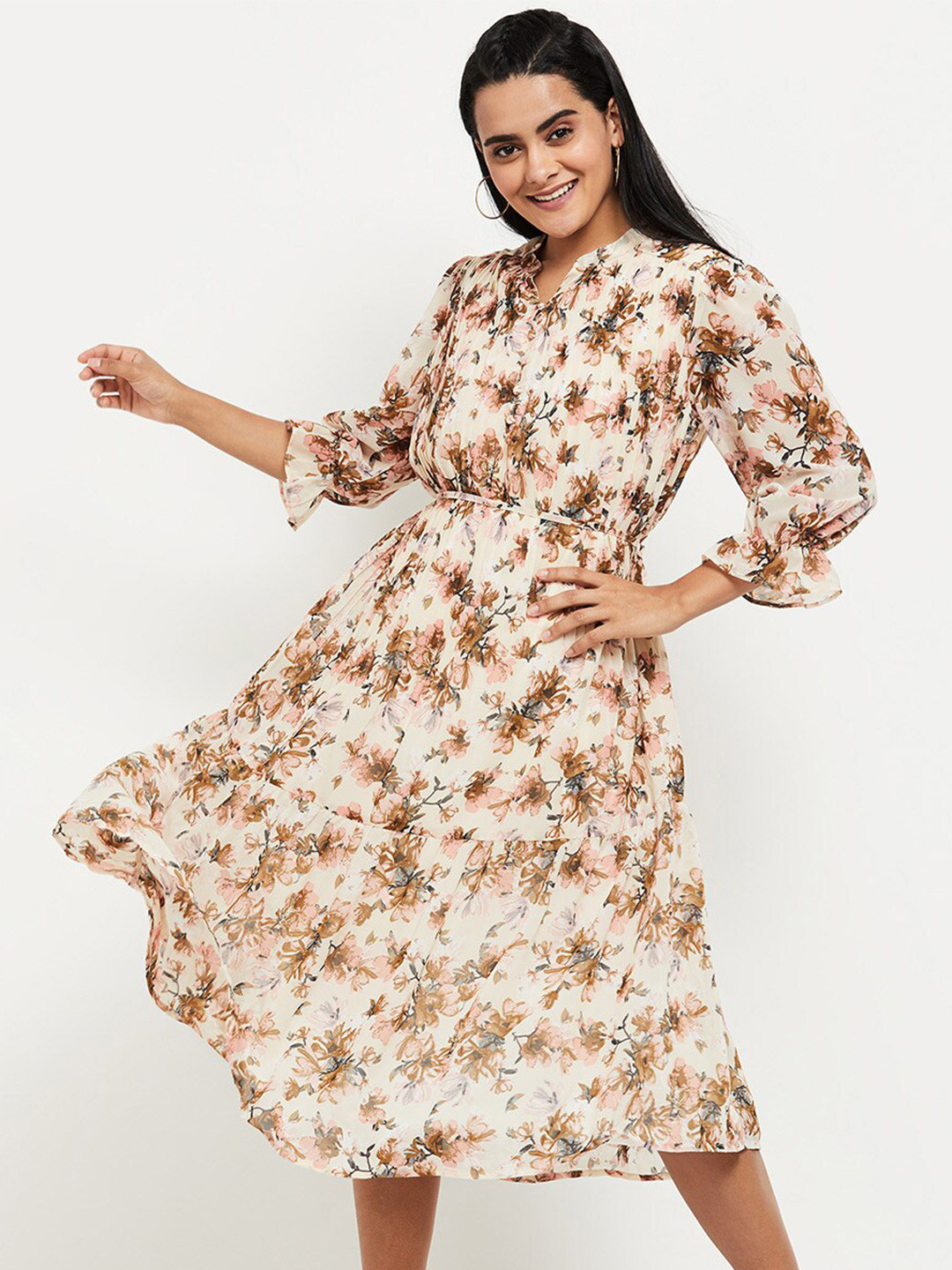 

max Women Cream-Coloured Floral Midi Dress