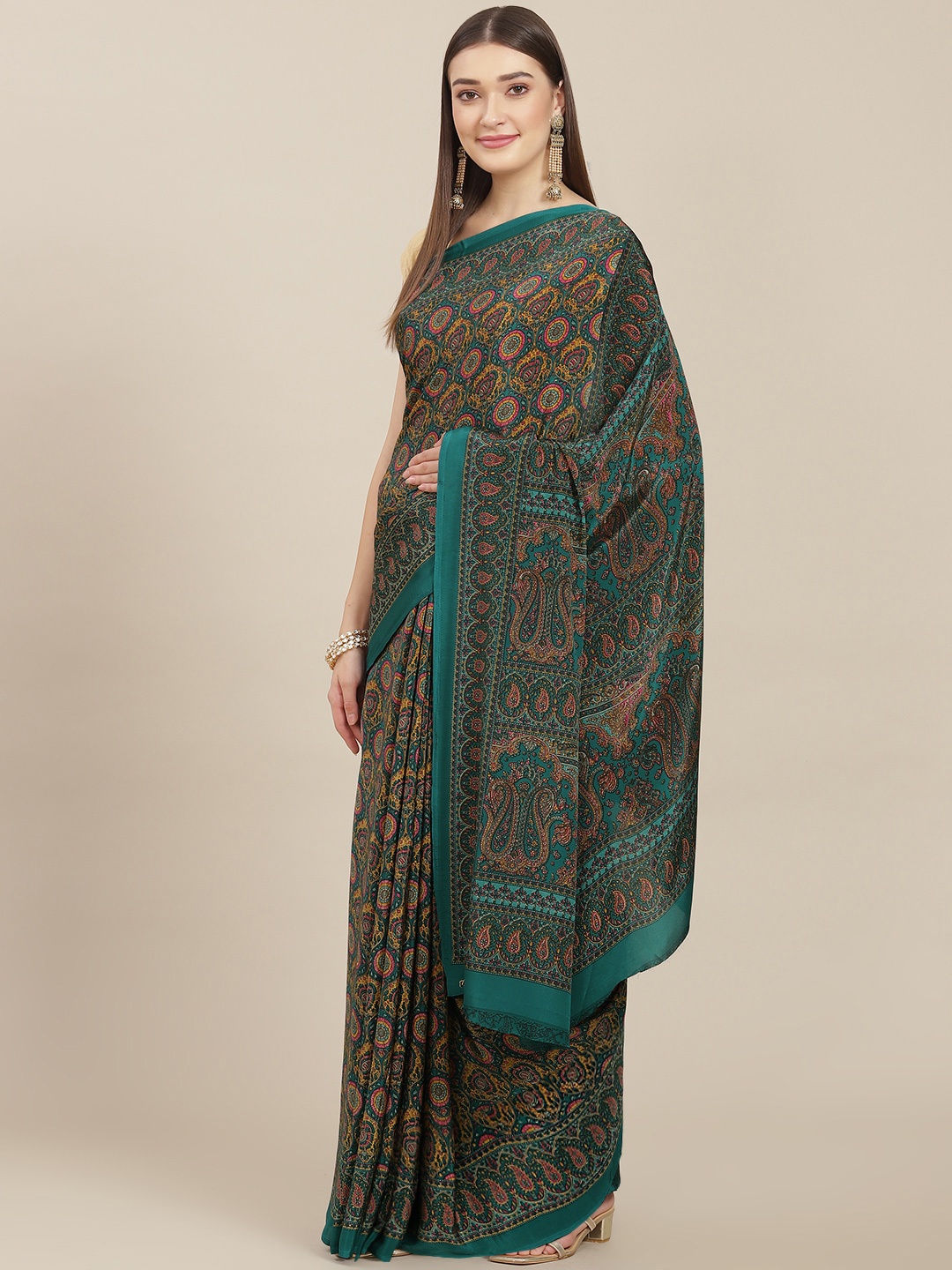 

Kasak Teal & Yellow Floral Pure Crepe Saree