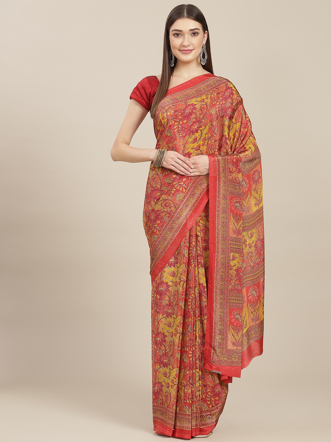 

Kasak Orange & Yellow Floral Pure Crepe Saree