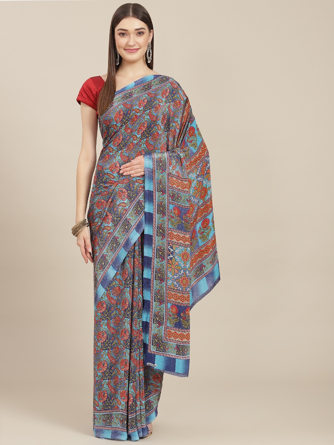 

Kasak Blue Floral Pure Crepe Saree