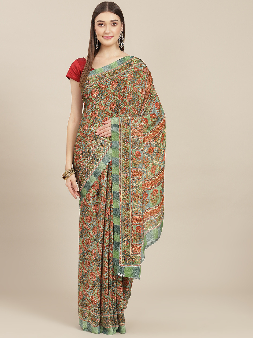 

Kasak Green Floral Pure Crepe Saree