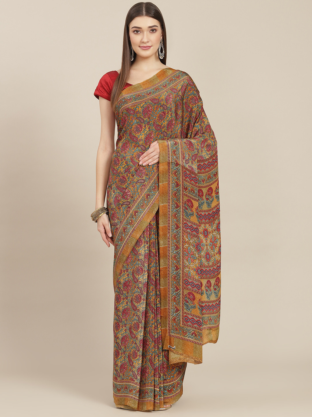 

Kasak Yellow Floral Pure Crepe Saree