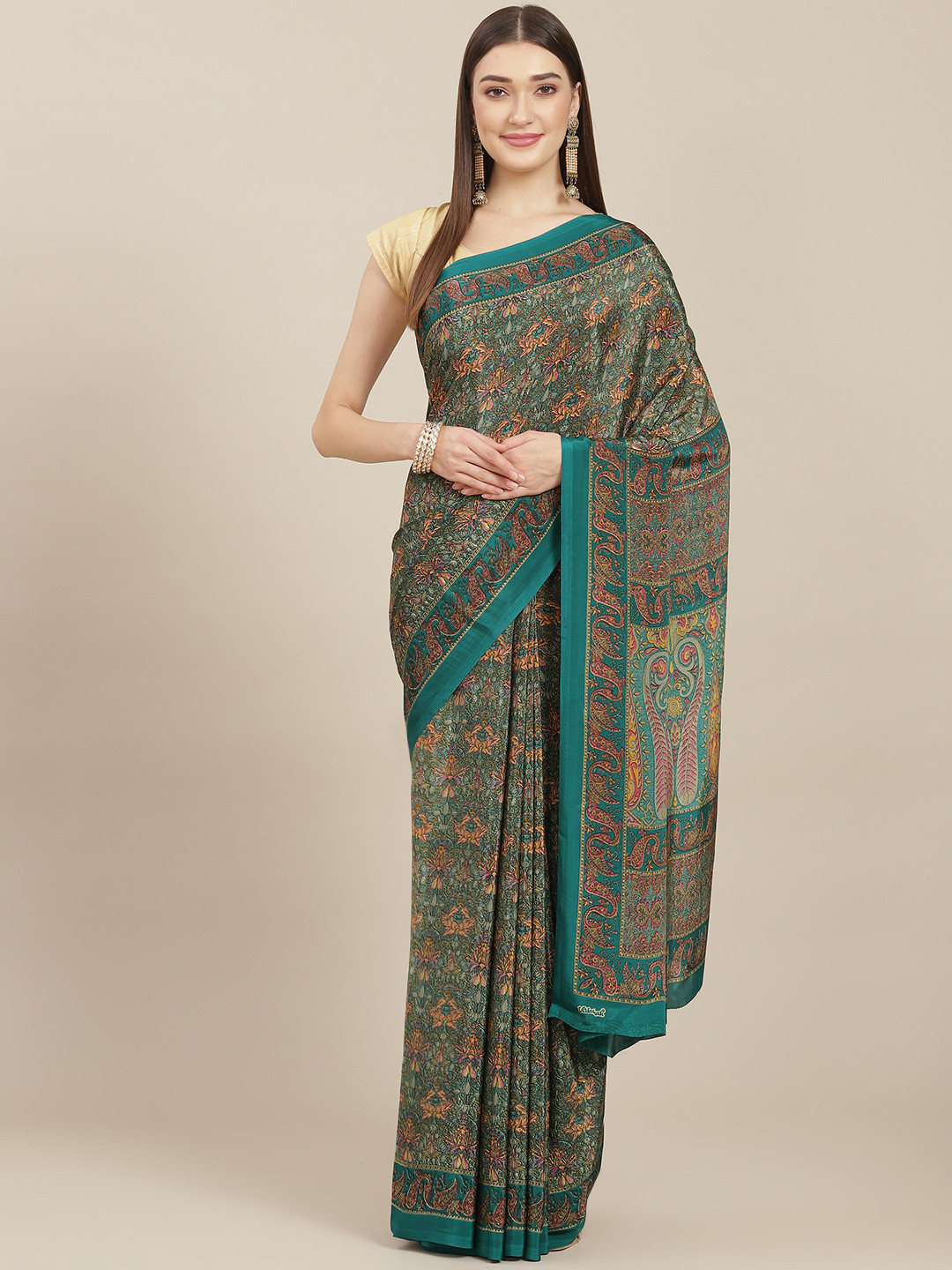 

Kasak Green Floral Pure Crepe Saree