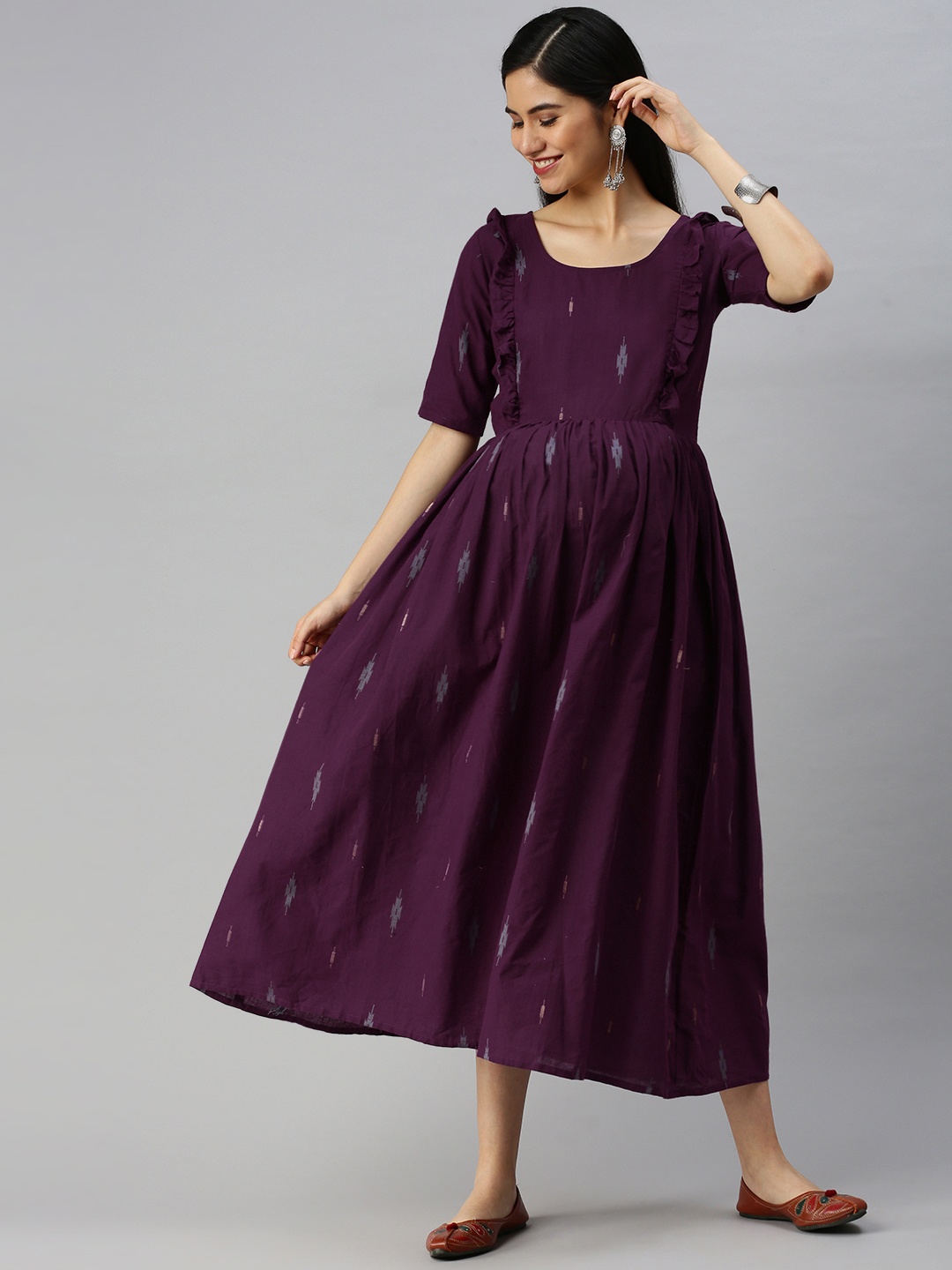 

Swishchick Purple Pure Cotton Ethnic Motifs Maternity A-Line Midi Dress