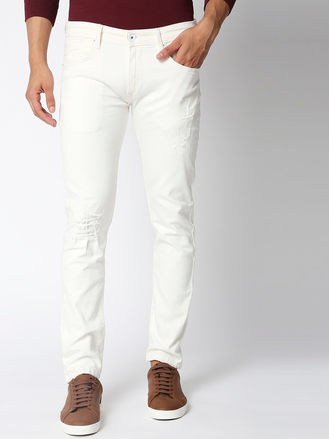

Pepe Jeans Men White Solid Cotton Tapered Fit Low-Rise Stretchable Jeans