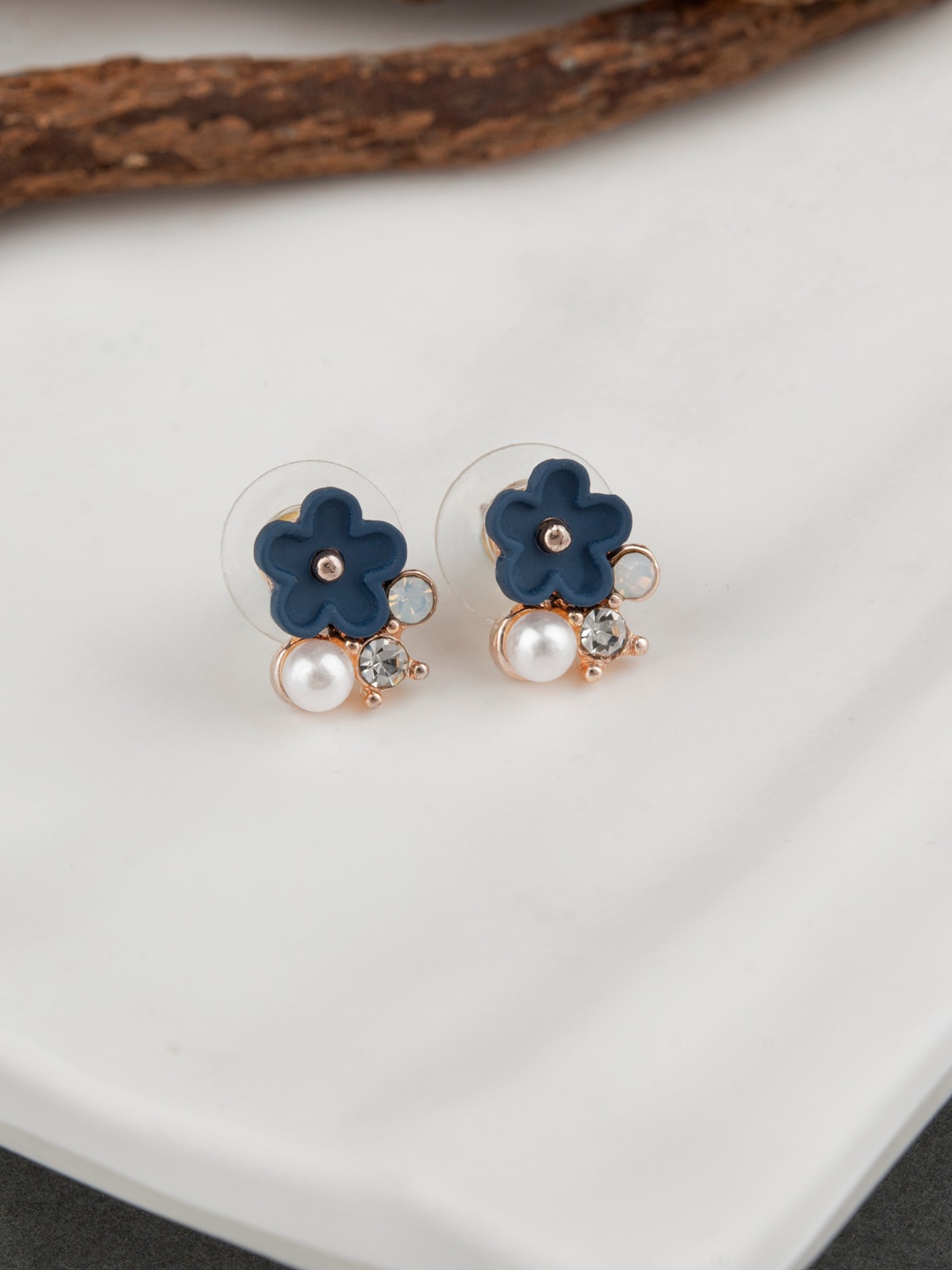 

E2O Blue Gold Toned With White Beads Stud Earring Contemporary Studs Earrings