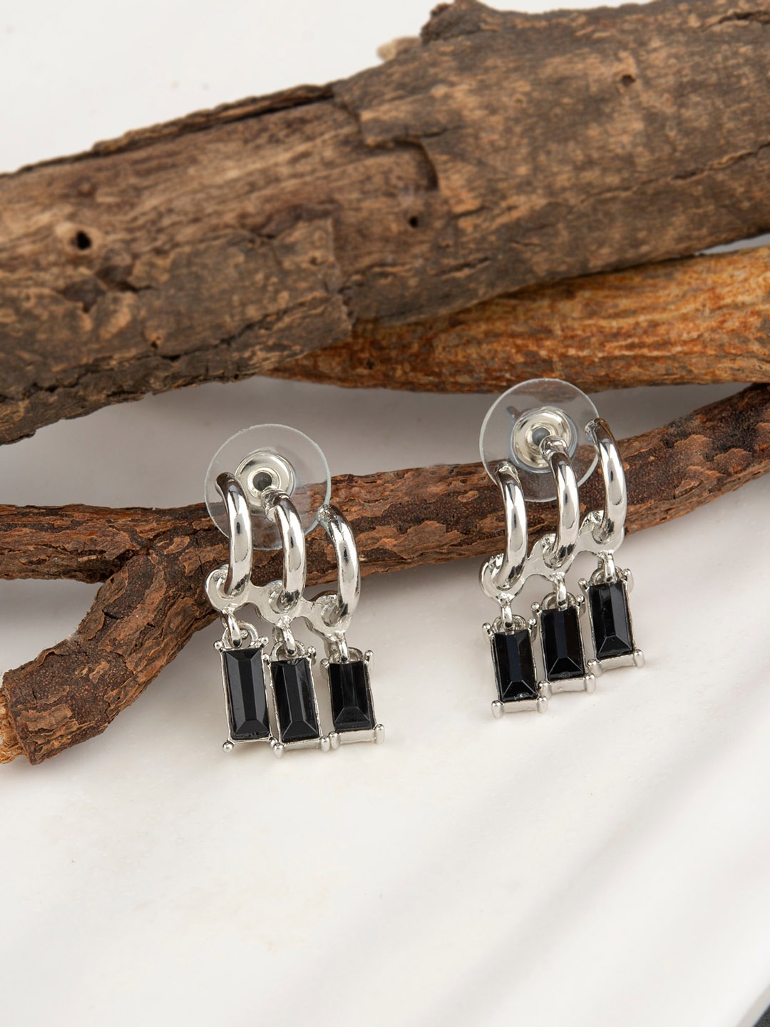 

E2O Black Silver-Plated CZ Studded Contemporary Drop Earrings