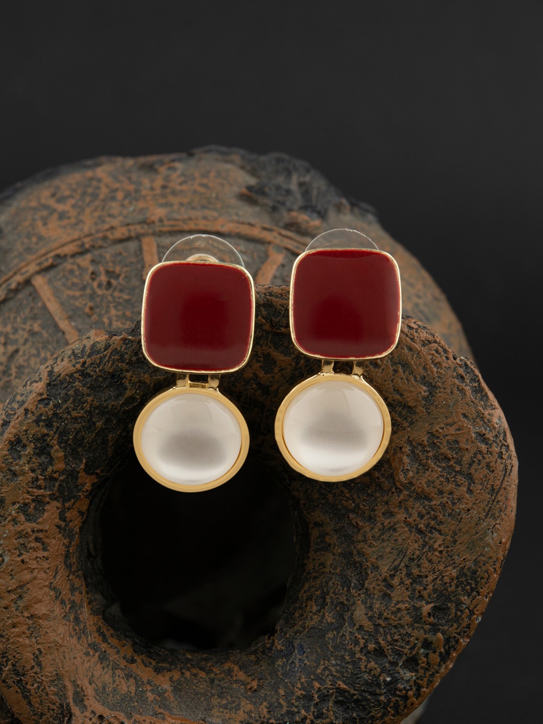 

E2O Gold-Plated White & Red Contemporary Studs Earrings