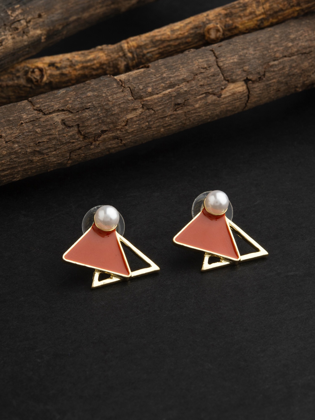 

E2O Women Gold-Plated & Orange Contemporary with White Beads Studs Earrings