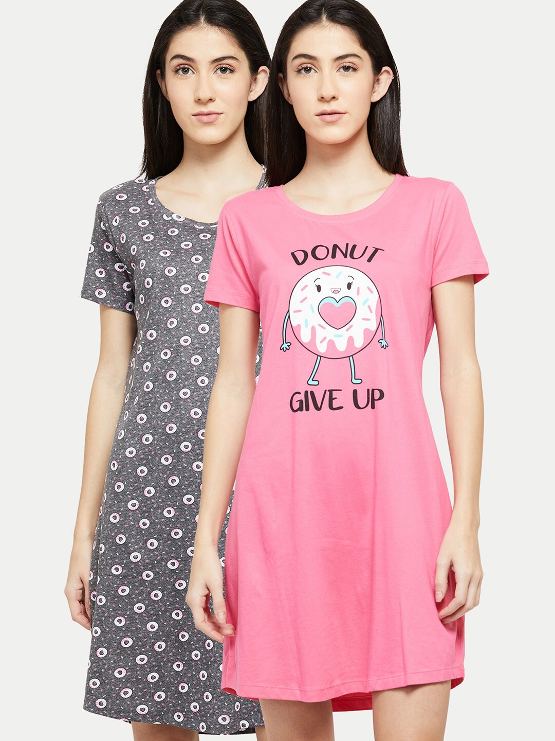 

max Pack of 2 Pink & Grey Printed Pure Cotton Nightdress