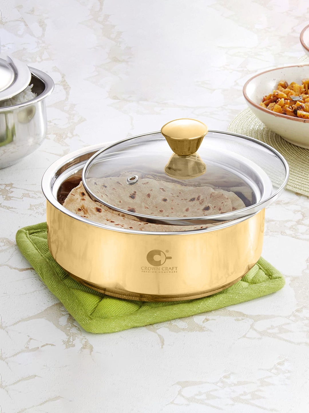 

Crown Craft Gold-Toned Solid Stainless steel Dishwasher Safe Casserole with Glass Lid 1L
