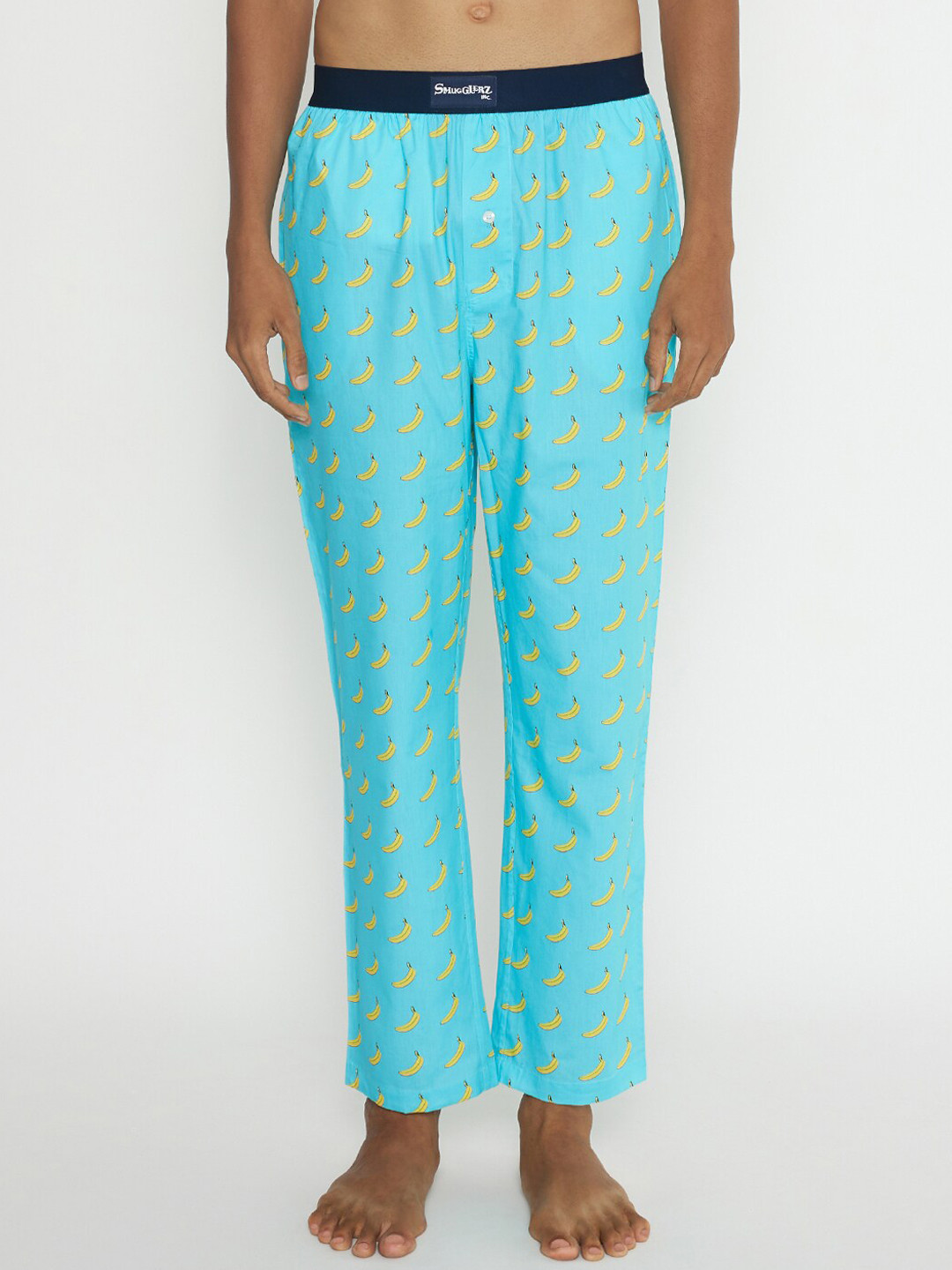 

SMUGGLERZ INC. Men Turquiose Blue & Yellow Printed Cotton Lounge Pant, Turquoise blue