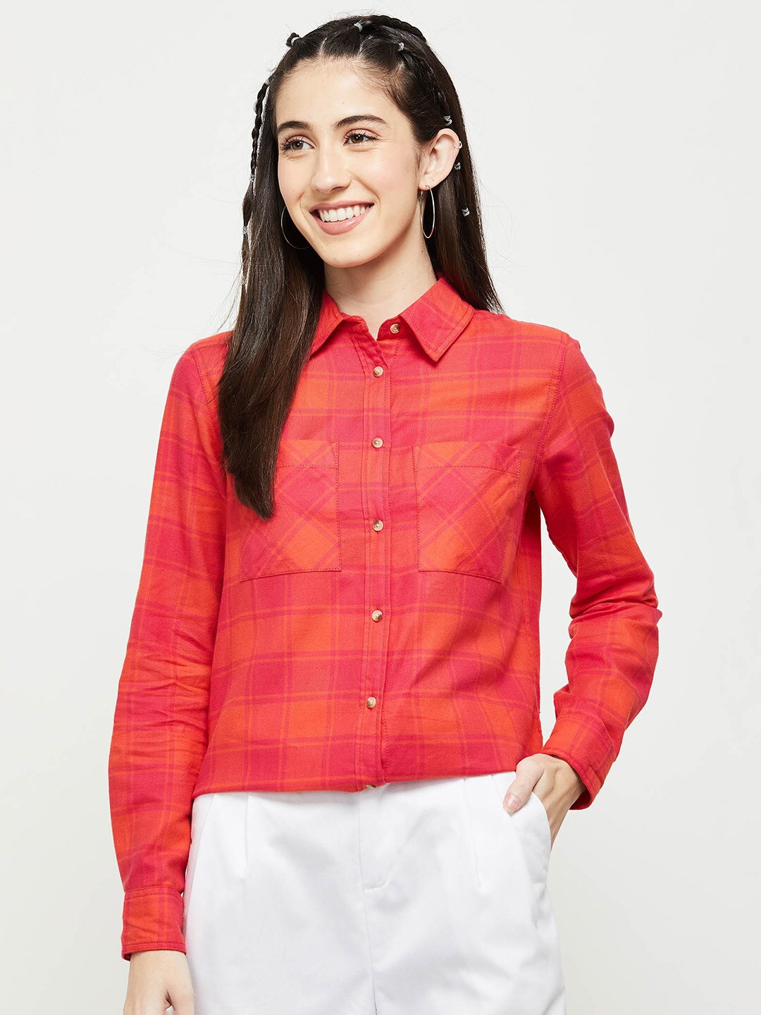 

max Women Fuchsia Checked Cotton Casual Shirt