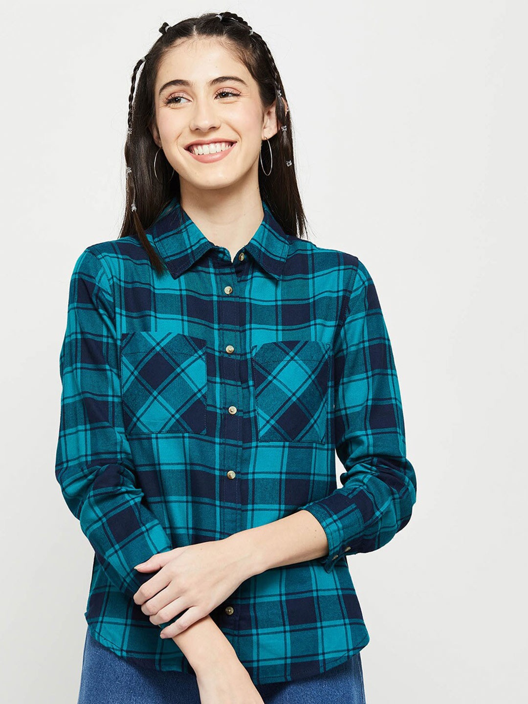 

max Women Teal Tartan Checks Checked Casual Shirt