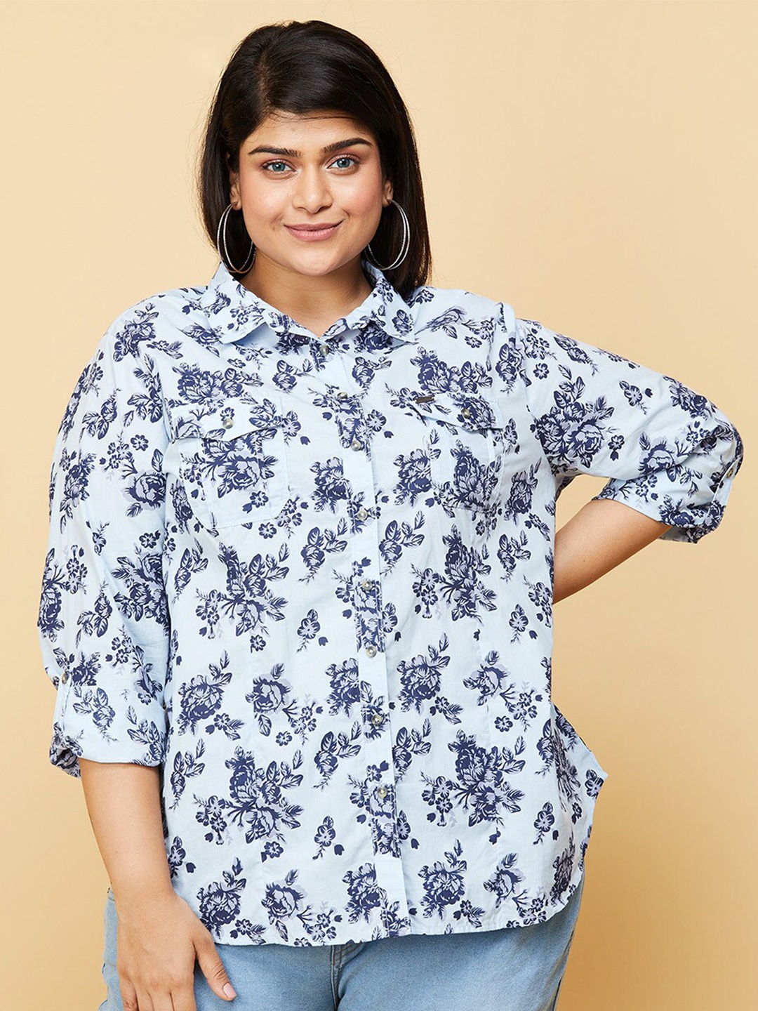 

max Women Plus Size Blue Floral Printed Pure Cotton Casual Shirt