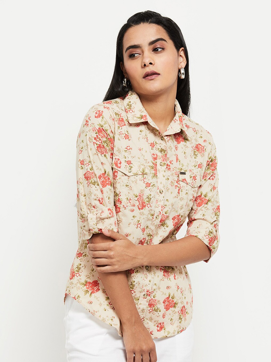 

max Women Beige Floral Printed Casual Shirt