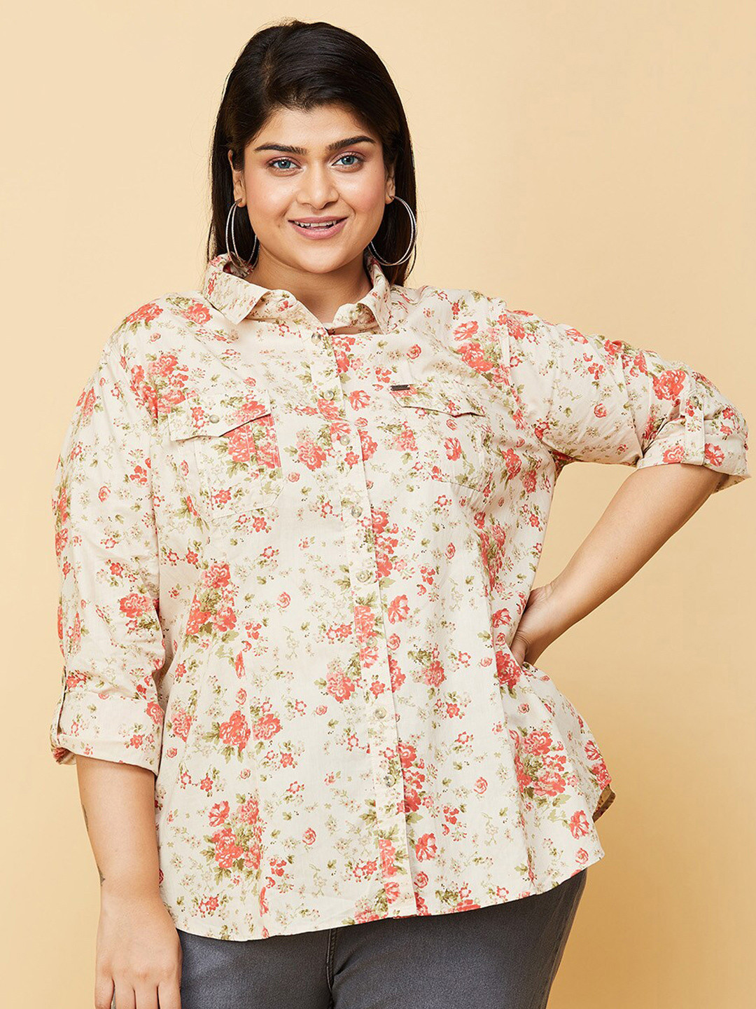 

max Women Beige Floral Printed Casual Shirt