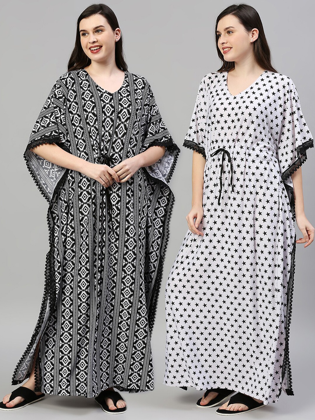 

Pretty Awesome Women Pack of 2 Black Printed Maxi Nightdress