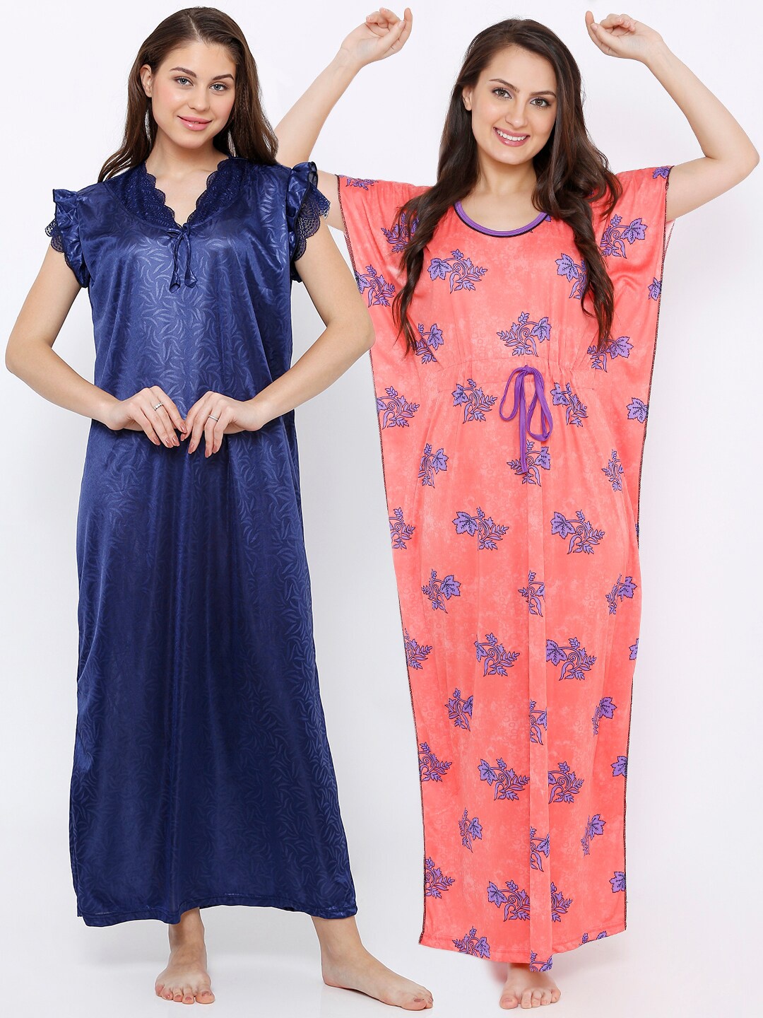 

Pretty Awesome Women Pack Of 2 Blue Printed Maxi Nightdress