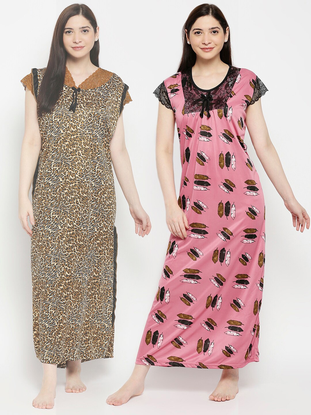 

Pretty Awesome Women Pack of 2 Pink Printed Maxi Nightdress