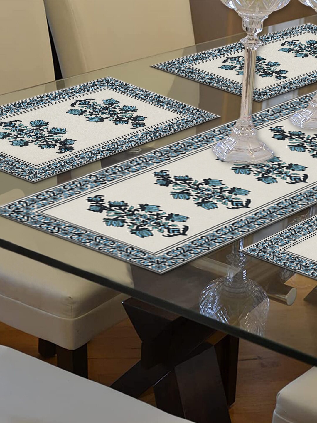 

Kuber Industries Set of 7 Blue & Off White Printed Table Runner & Placemats