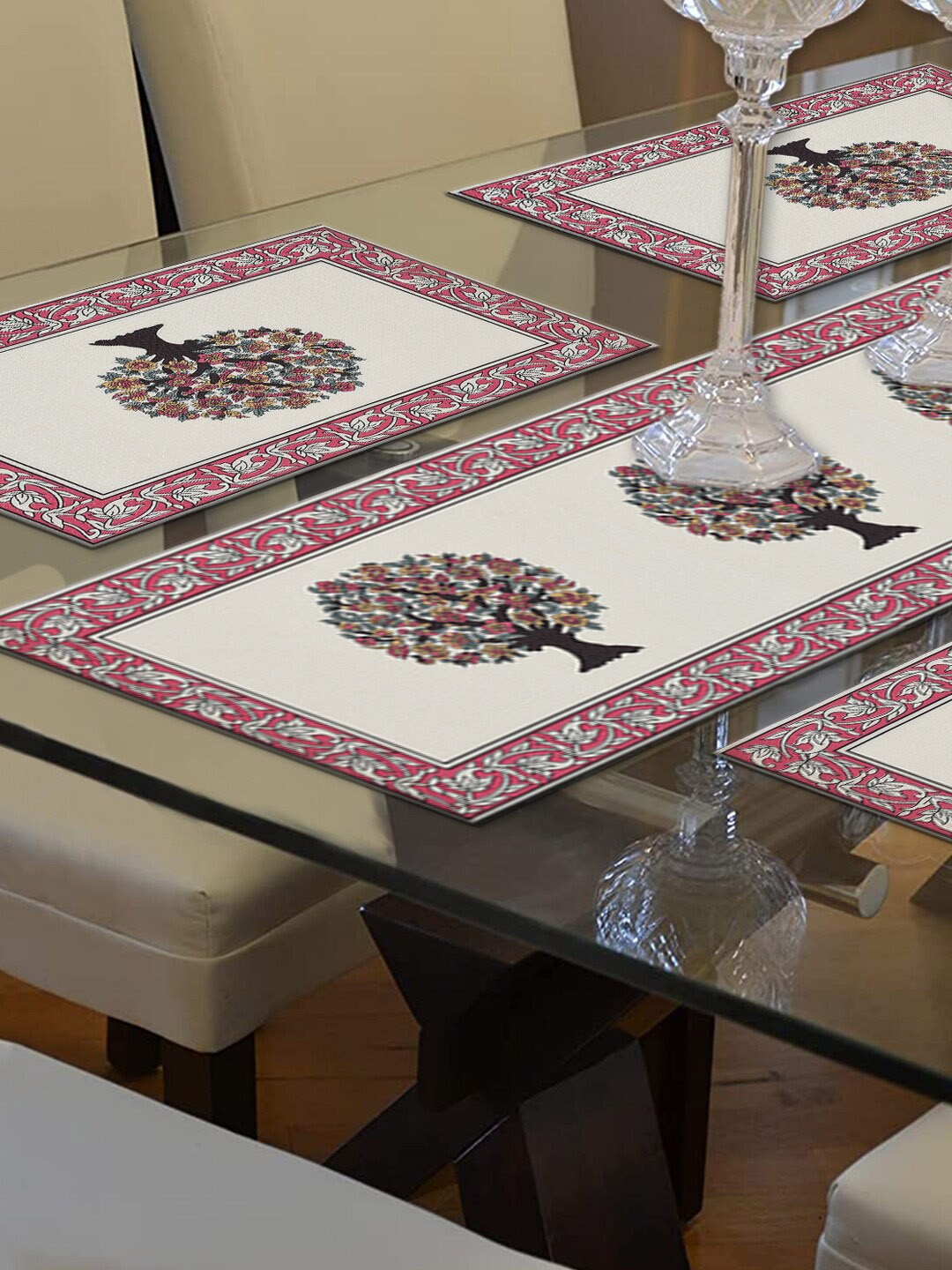 

Kuber Industries Set of 7 Pink Printed Table Runner & Placemats