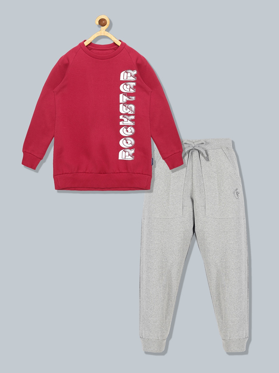

KiddoPanti Boys Burgundy & Grey Melange Printed Pure Cotton T-shirt