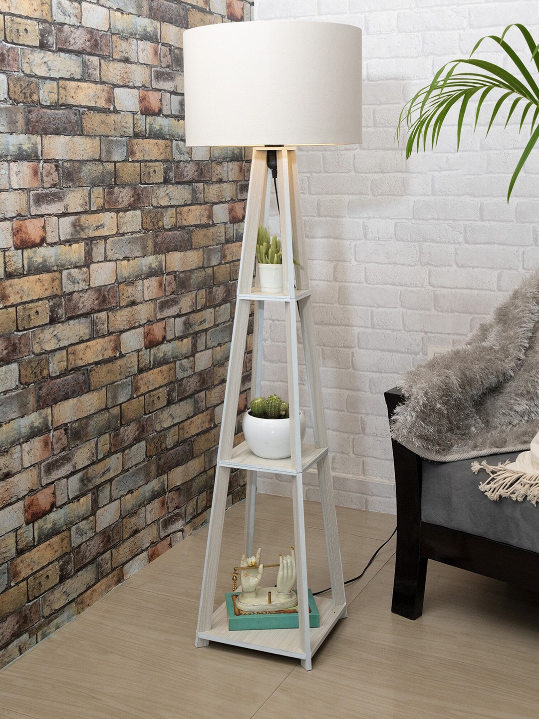 

Homesake Oak furniture Wood Multiutility Floor Lamps With Khadi Drum shade, Beige