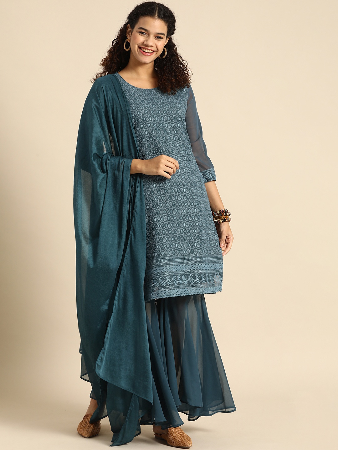 

Sangria Women Navy Blue Ethnic Motifs Embroidered Chikankari Kurta with Sharara & With Dupatta