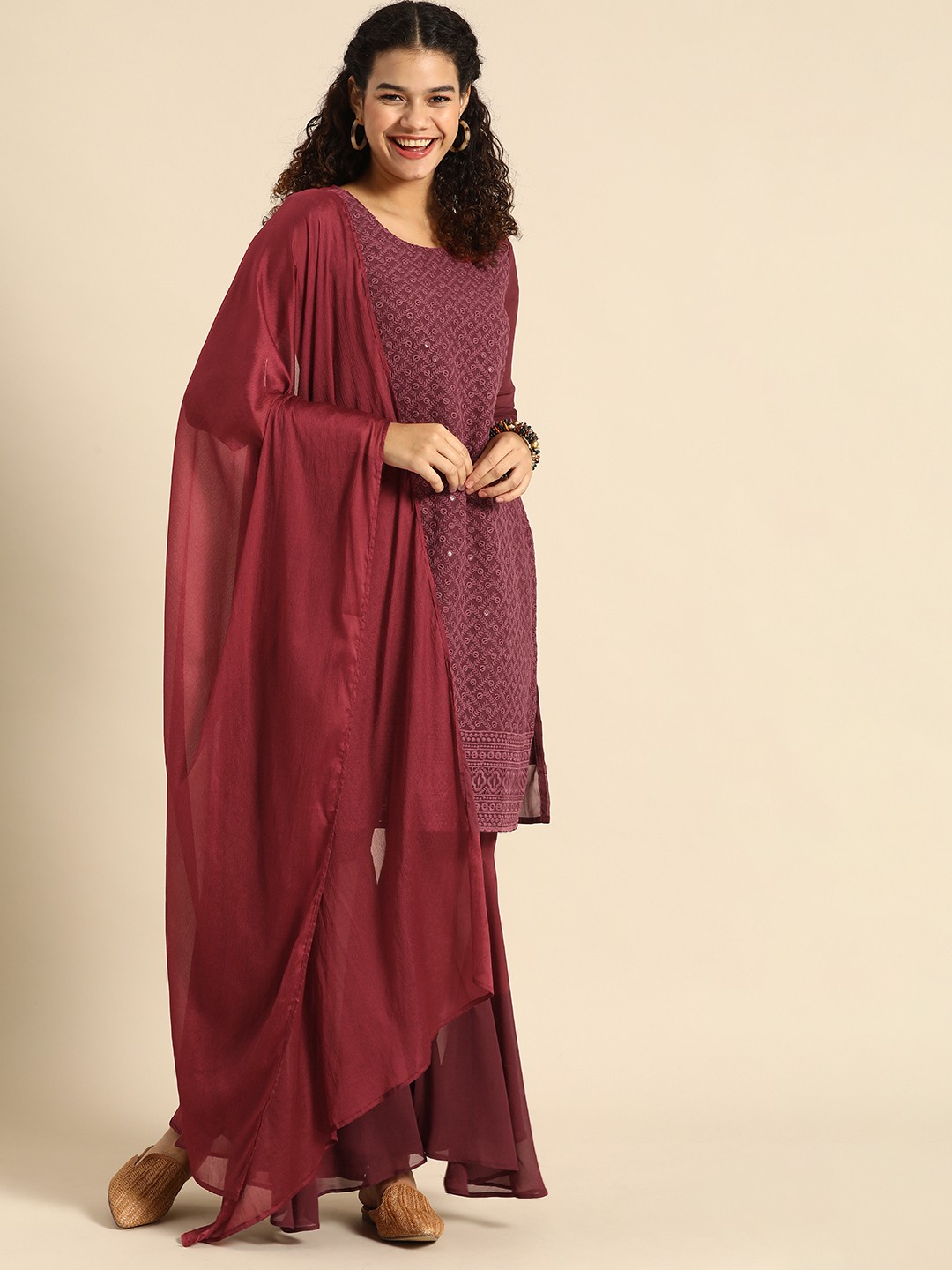 

Sangria Women Maroon Ethnic Motifs Embroidered Chikankari Kurta with Sharara & With Dupatta