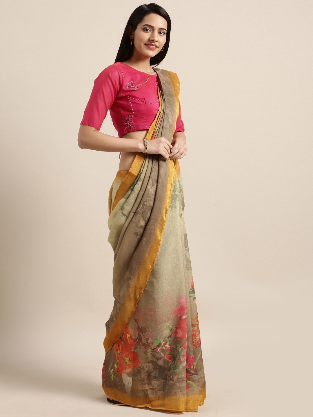 

Shaily Women Green & Grey Floral Pure Linen Saree
