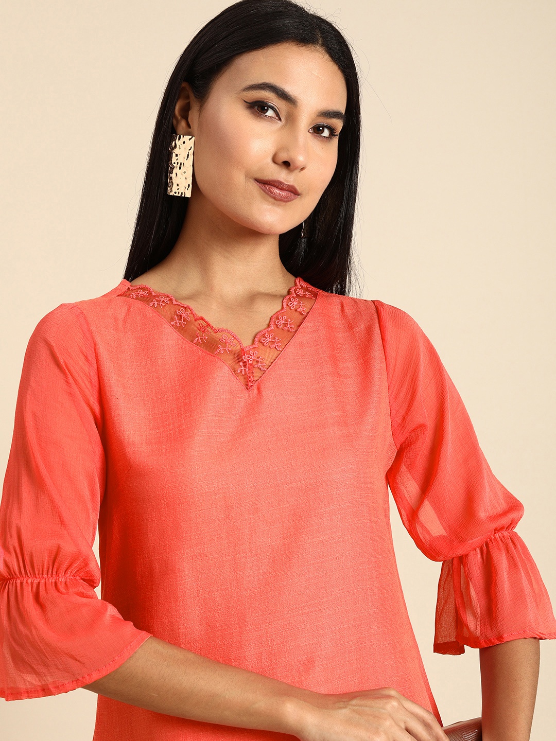 

Anouk Women Peach-Coloured Bell Sleeves Kurta