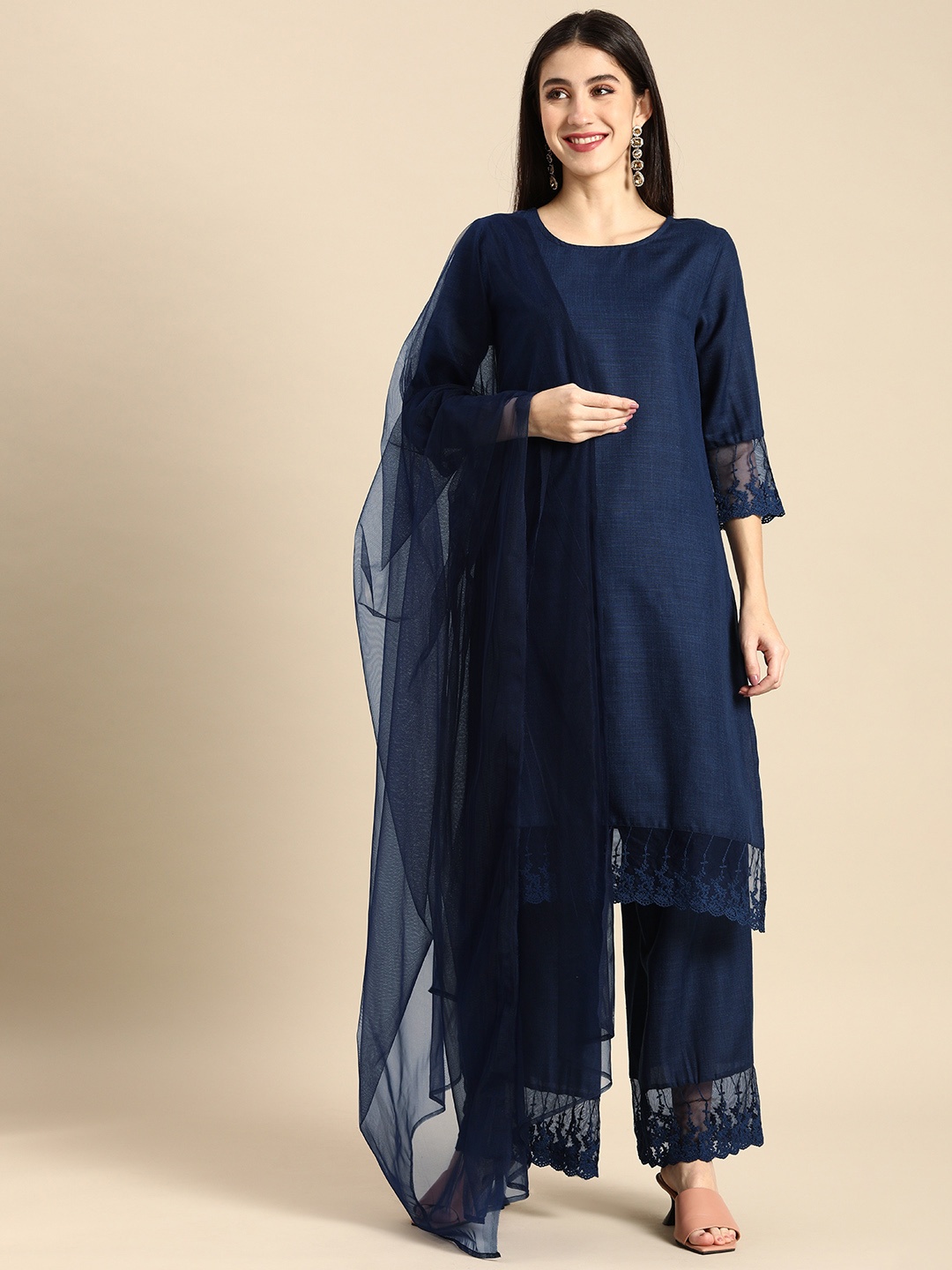 

Anouk Women Navy Blue Kurta with Trousers & With Dupatta