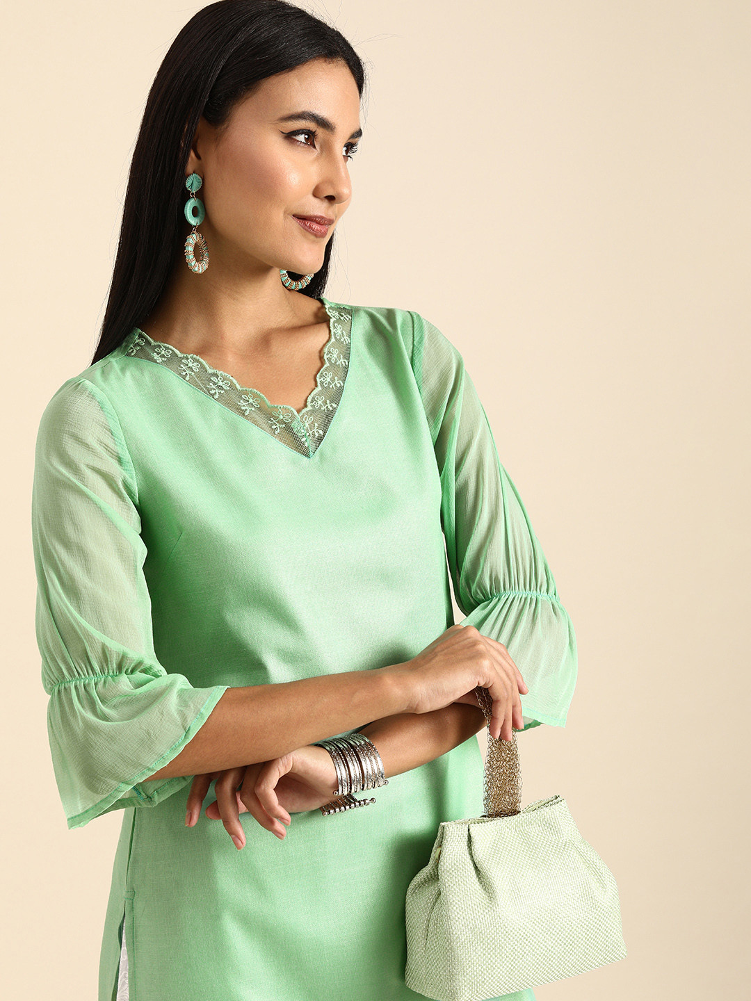 

Anouk Women Green Bell Sleeves Kurta