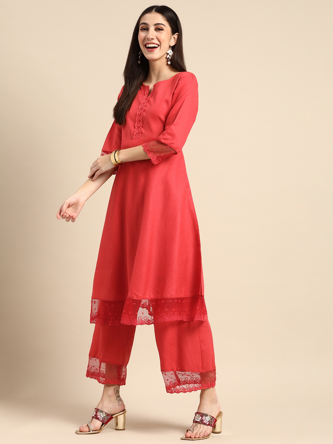 

Anouk Women Coral Red Kurta with Palazzos