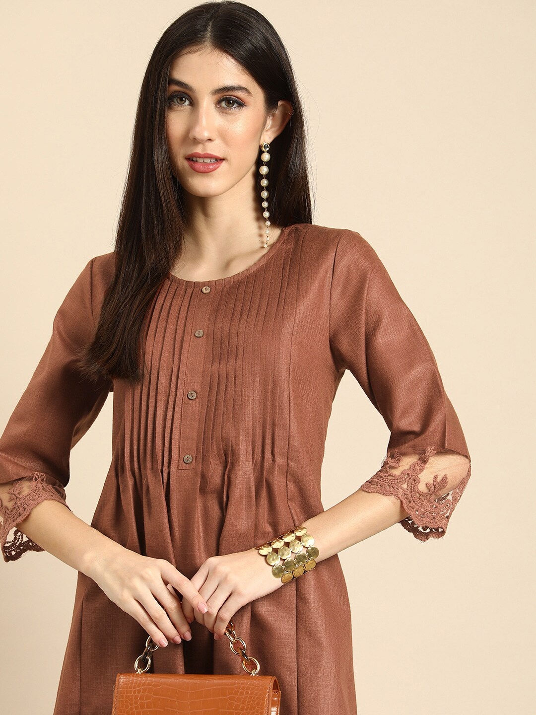 

Anouk Women Brown Solid A-Line Dress With Pintuck Details