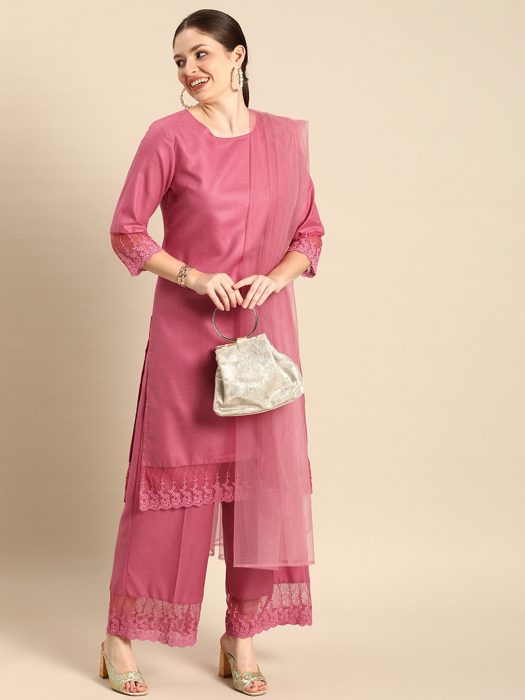 

Anouk Women Mauve Pink Net detail Kurta with Palazzos & With Net Dupatta