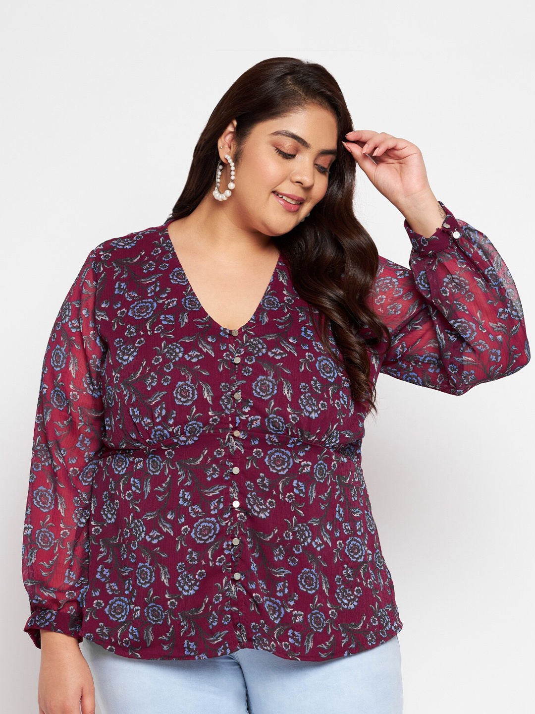 

wild U Burgundy Floral Print Chiffon Shirt Style Top