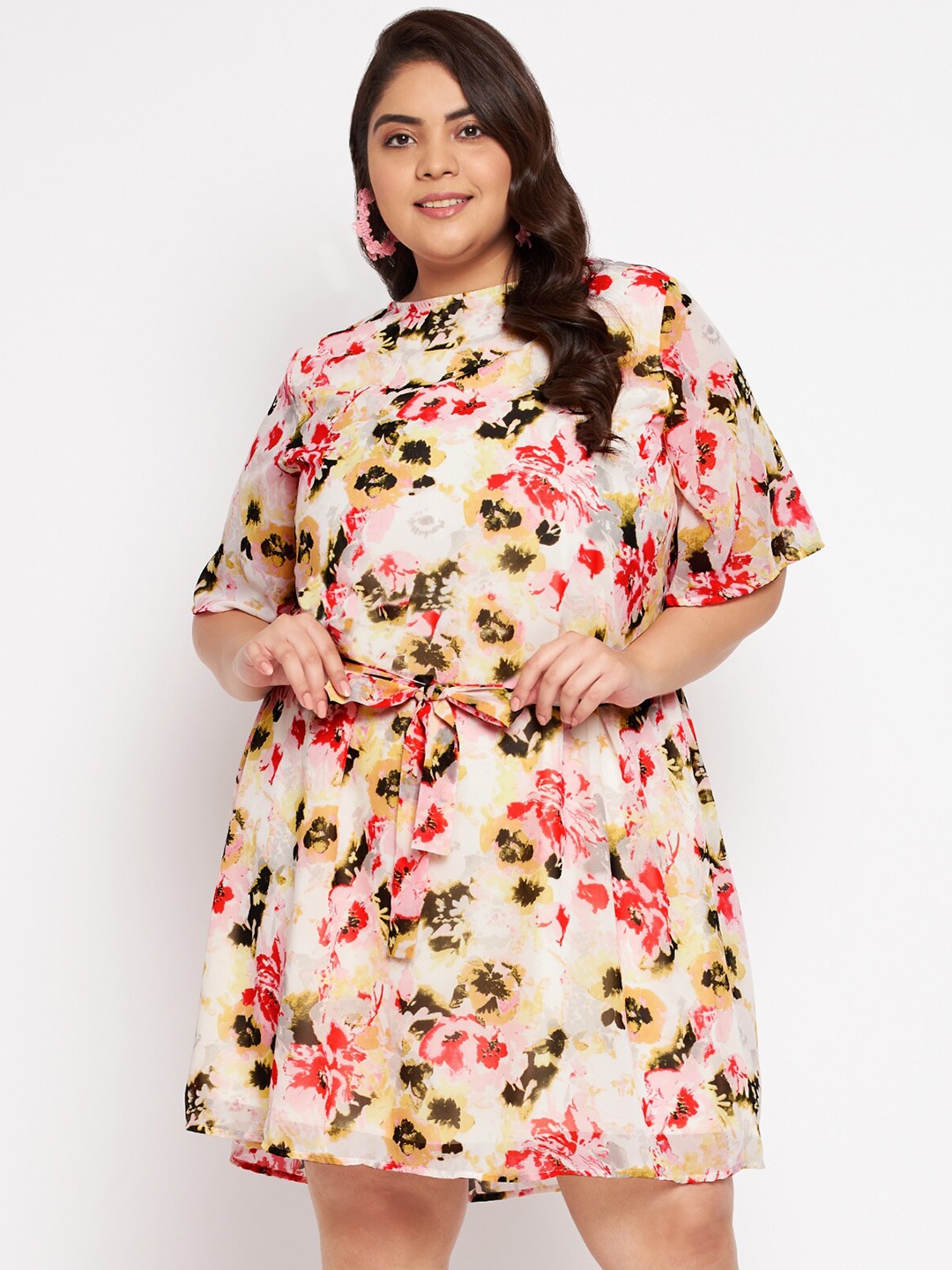 

wild U Off Plus Size Women White & Pink Floral Georgette Dress, Off white