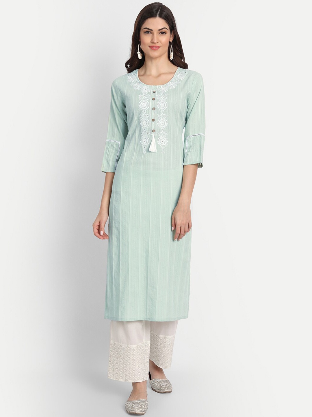 

SUTI Women Green Embroidered Pure Cotton Kurta with Trousers