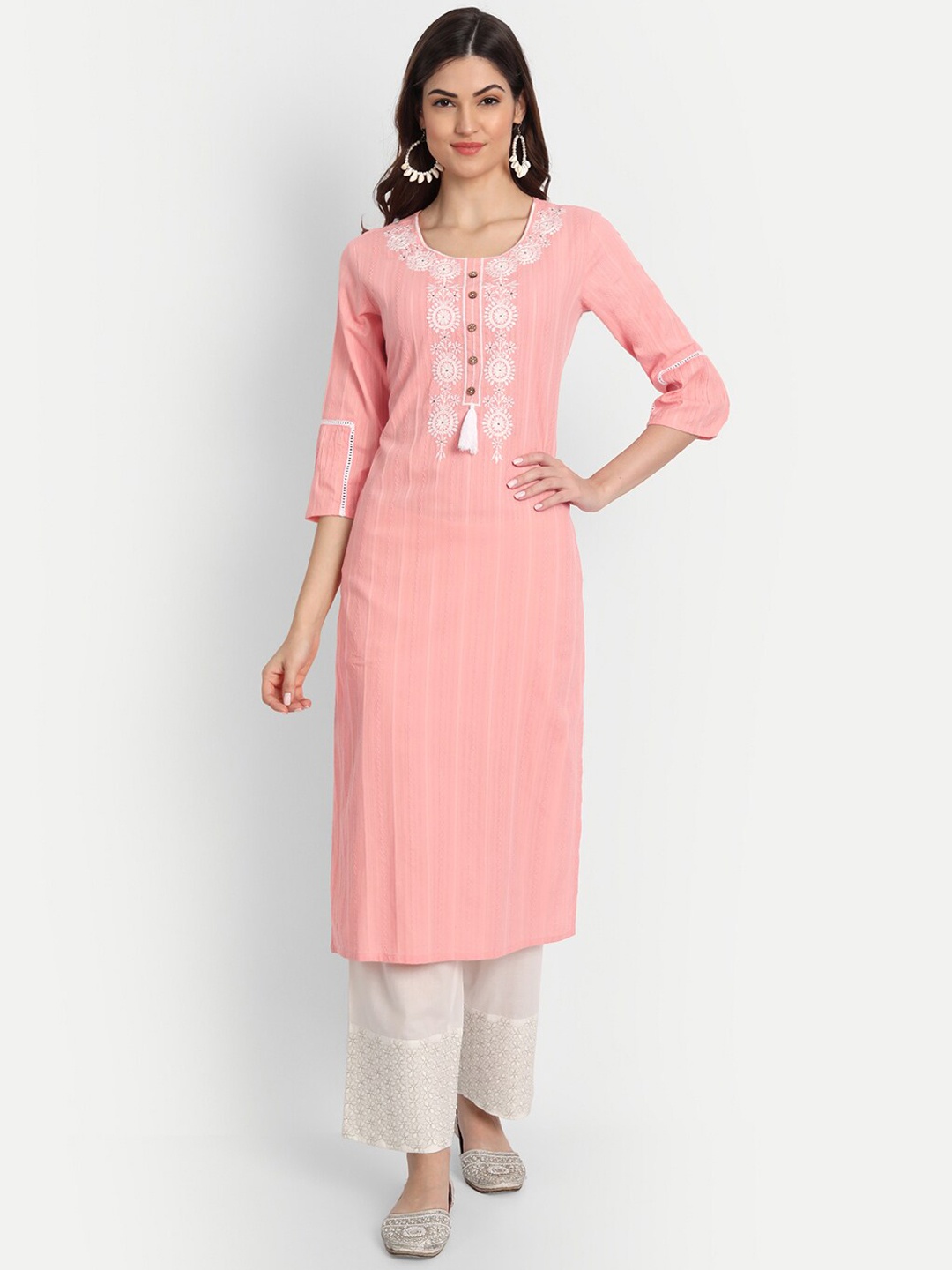 

SUTI Women Peach-Coloured Embroidered Pure Cotton Kurta with Trousers