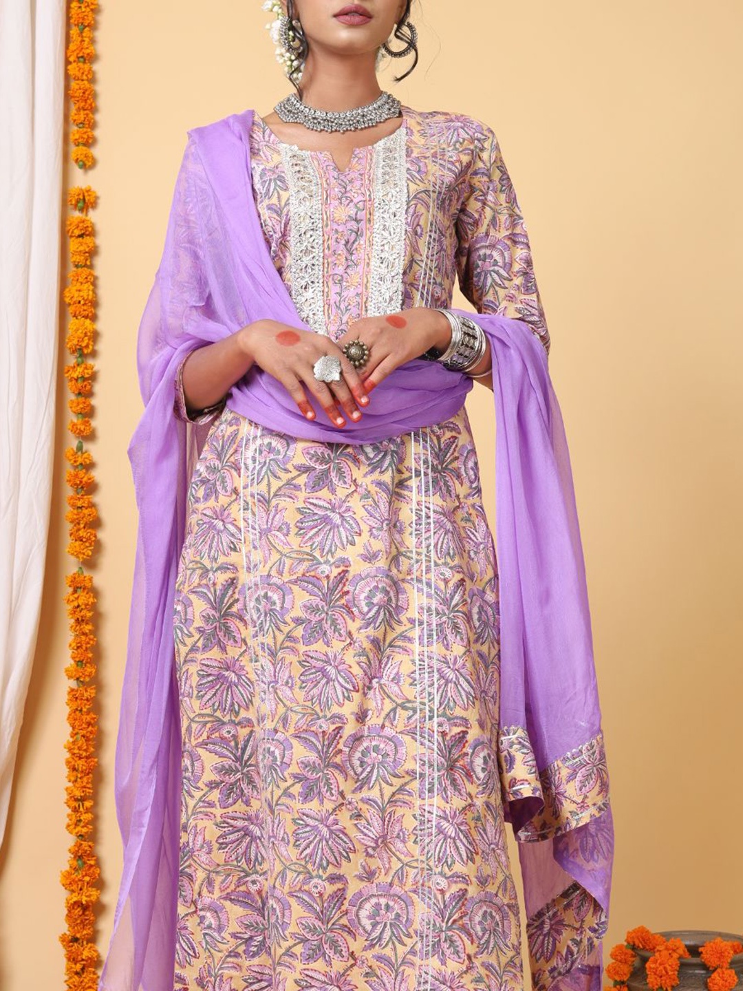 

Shuddhi Women Pink Floral Printed Layered Kurta with Churidar & With Dupatta